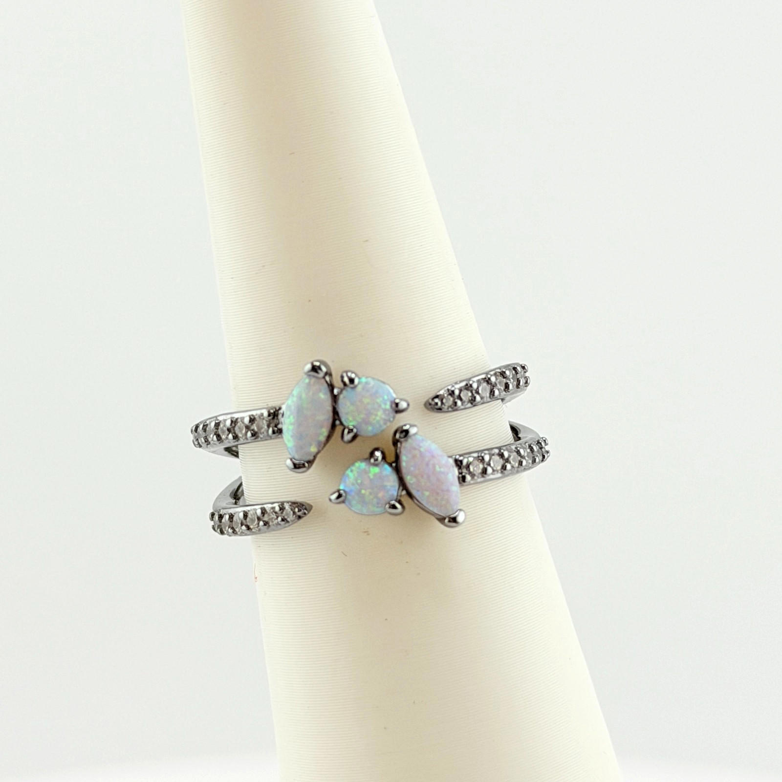 Bomb Party October Ring Sz 8 "A Memory Of Laughter" White Opal On Hematite